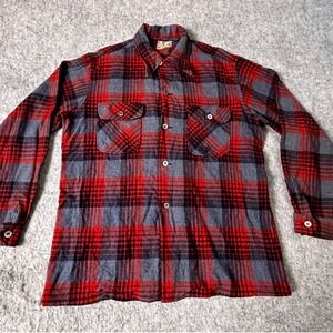Vintage 60's Jachouse Union‎ Made Wool Plaid Outdoor Shirt Men's S(L) Red Blue